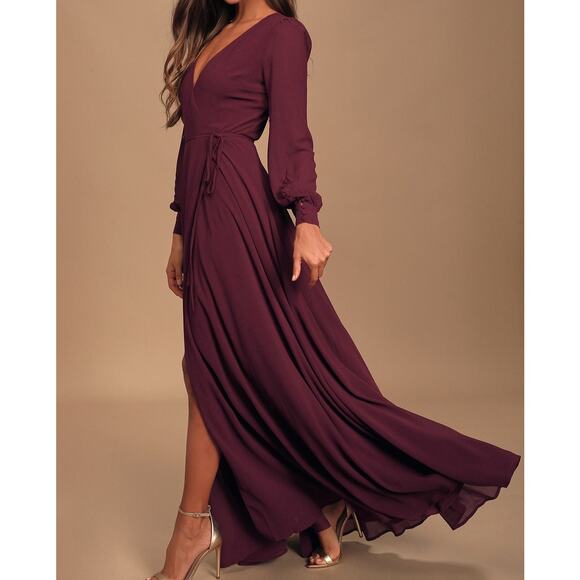 Lulus NWT My Whole Heart Plum Long Sleeve Balloon Sleeves Wrap Maxi Dress XL - Picture 2 of 11